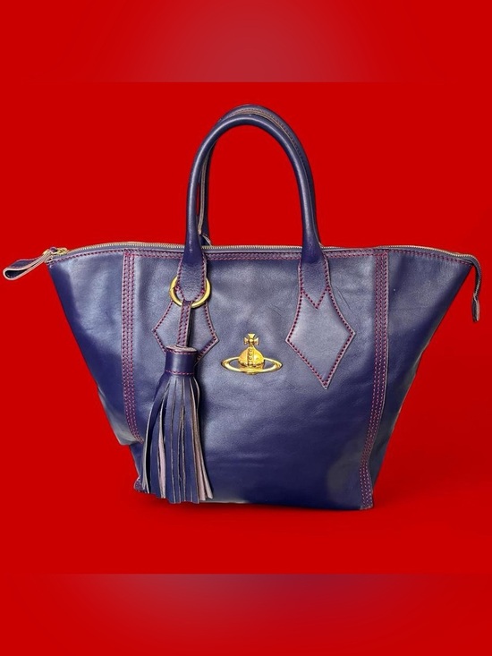 Vivienne Westwood Handbags - VIVIENNE WESTWOOD • RARE Authentic Vintage GIANT Blue Leather Gold Orb Tote Bag